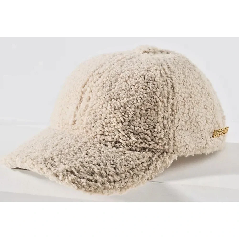 NWT Van Palma Anthropologie Muse Fuzzy faux fur baseball Cap ivory o/s